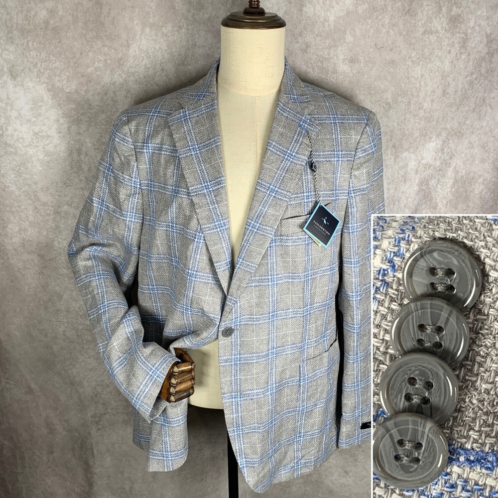 Tailorbyrd Blazer Jacket Men 46R Gray Windowpane Linen Rayon Sport Coat NEW